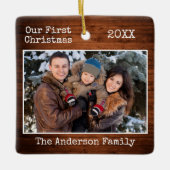 Schrift Text Wood First Christmas Family Foto Keramikornament (Vorderseite)
