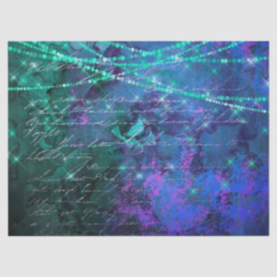 Schrift und Lichter auf Lila und grünem Dekor Seidenpapier