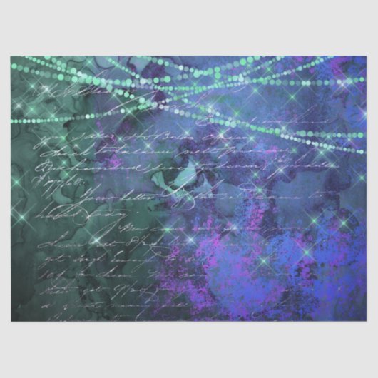 Schrift und Lichter auf Lila und grünem Dekor Seidenpapier (Vorderseite)