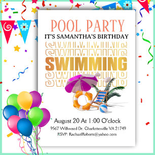 Schrift Word Art Pool Party Geburtstag Einladung