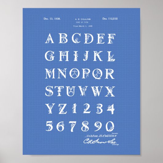 Schriftart 1938 Patent Art Blueprint Poster (Vorne)