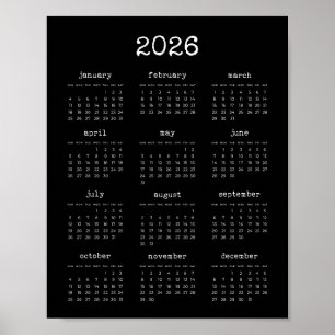 Schriftart-Minimalisten 2025 Schwarzer Kalender Poster