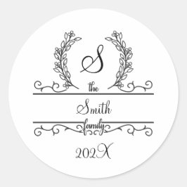 Schriftart Monogramm Familienname Blätter Runder Aufkleber