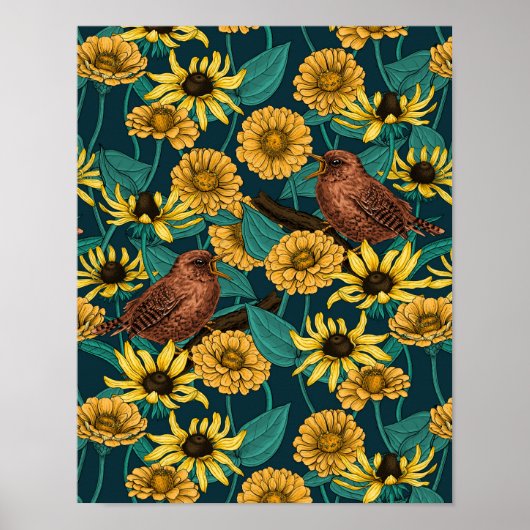 Schriften und Blume in dunkelblau Poster (Vorne)