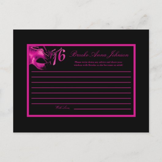 Schriftliche Ratenkarte Sweet 16 Hot Pink Black Pa Postkarte (Vorderseite)