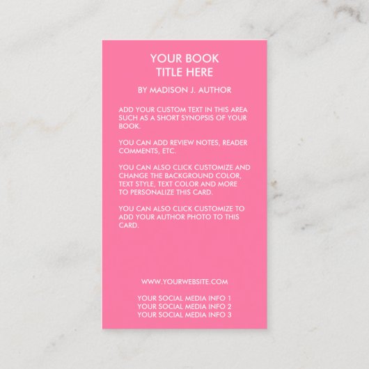 Schriftsteller Buchabdeckung Rosa oder Kick Farbe Visitenkarte (Rückseite)