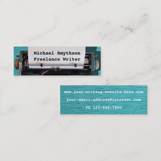 Schriftsteller Retro Schreibmaschine auf Blue Wood Mini Visitenkarte (Vorne/Hinten)