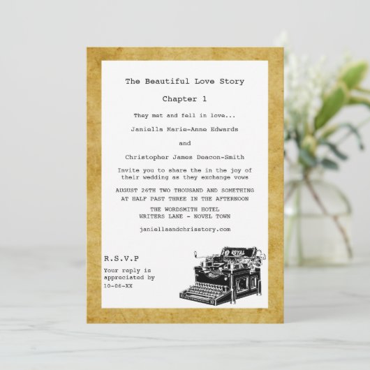 Schriftstellerin Vintage Schreibmaschine Hochzeit Einladung (Stehend Vorderseite)