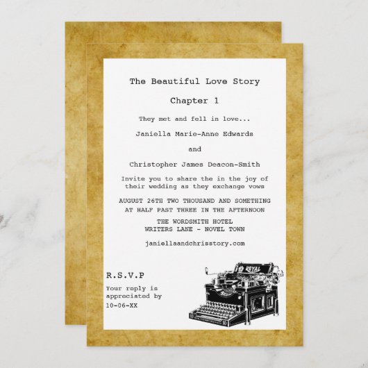 Schriftstellerin Vintage Schreibmaschine Hochzeit Einladung (Vorne/Hinten)