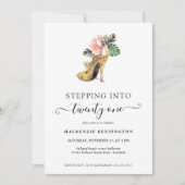 Schritt in 21 schicke, florale Gold Heelse Geburts Einladung (Vorderseite)