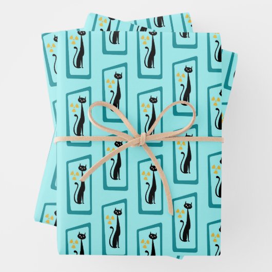 Schrödingers Cat Mid Century Modern blass blau Geschenkpapier Set (Beispiel)