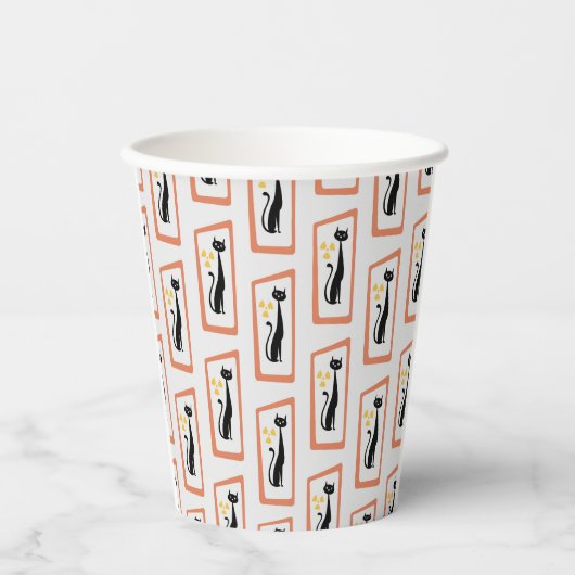 Schrödingers Cat Mid Century Moderne Orange Pappbecher (Vorderseite)