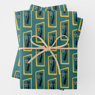 Schrödingers Cat Mid Century Modernes dunkelblau Geschenkpapier Set