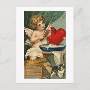 Schrubbender Herz Cupid und Katze Postkarte
