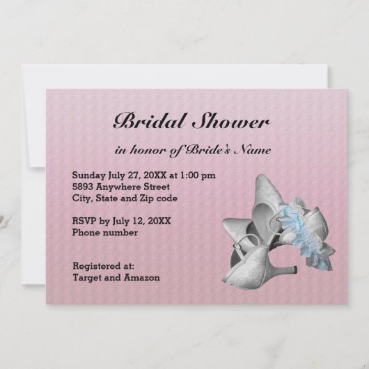 Schuhe, Gartengürtel und rosa Textur Brautparty Einladung (Vorderseite)