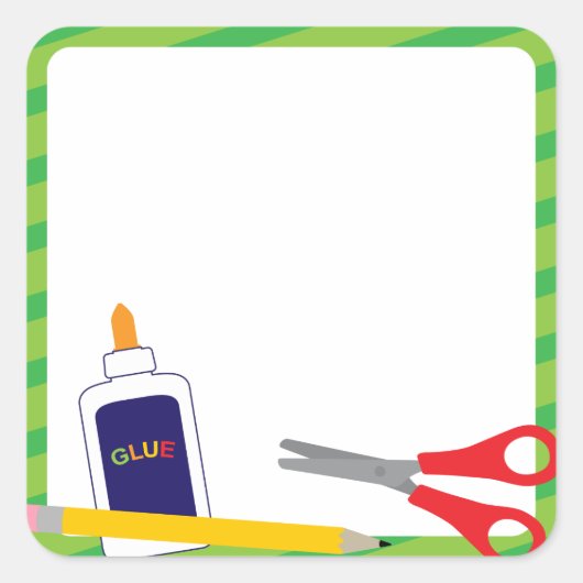 Schulaufkleber mit Crayons und Klebstoff Quadratischer Aufkleber (Vorderseite)