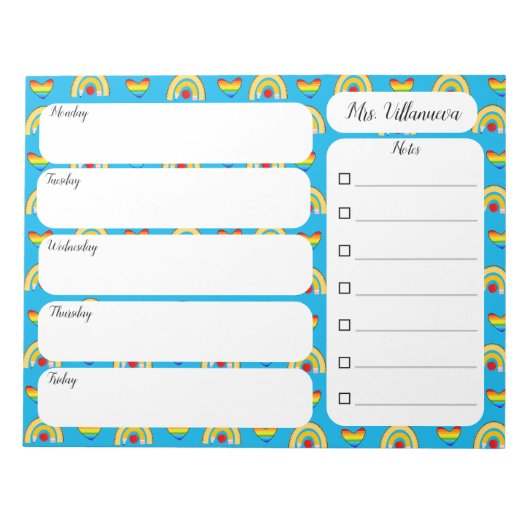 Schulbedarf mit Regenbogenherzen wöchentlich Notizblock (Vorderseite)