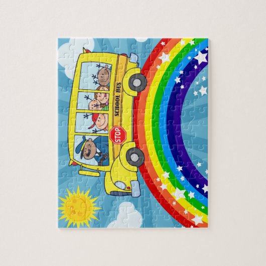 Schulbus, der auf einen Regenbogen fährt Puzzle (Vertikal)
