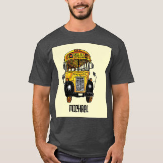 Schulbus - ich schaue zu, wie Kinder mit einem lus T-Shirt