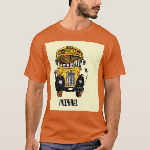 Schulbus - ich schaue zu, wie Kinder mit einem lus T-Shirt
