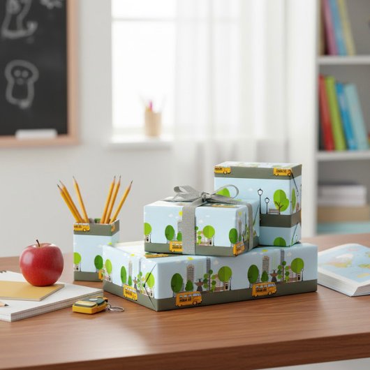 Schulbus in der Stadt Geschenkpapier