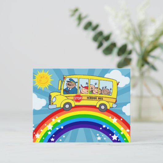 Schulbus mit Rainbow Postkarte (Stehend Vorderseite)