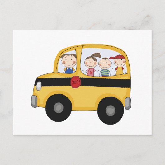 Schulbus mit T - Shirt und Geschenken für Kinder Postkarte (Vorderseite)