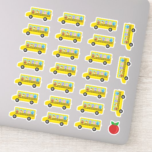 Schulbus Niedliche Tiere Cartoon 24 Busse + Apfel Aufkleber (Detail)