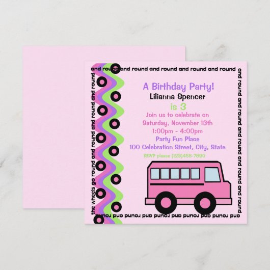 Schulbusräder/rosa Einladung (Vorne/Hinten)