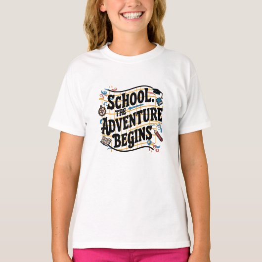 Schule Das Abenteuer fängt an Funny Zitat T-Shirt (Vorderseite)