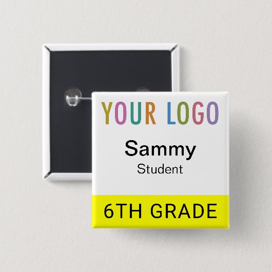 Schüler Namensschild Knopf mit Schul-Logo Gelb Button (Vorne & Hinten)