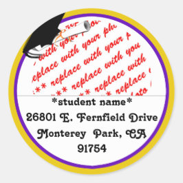 Schulfarben Lila- und Gold-Abschluss-Rahmen Runder Aufkleber