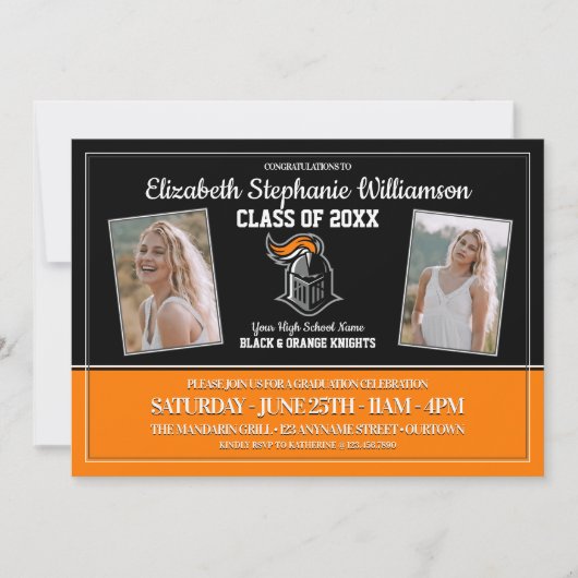 Schulfarben Schwarz-Orange-Graduiertenparty Einladung (Vorderseite)