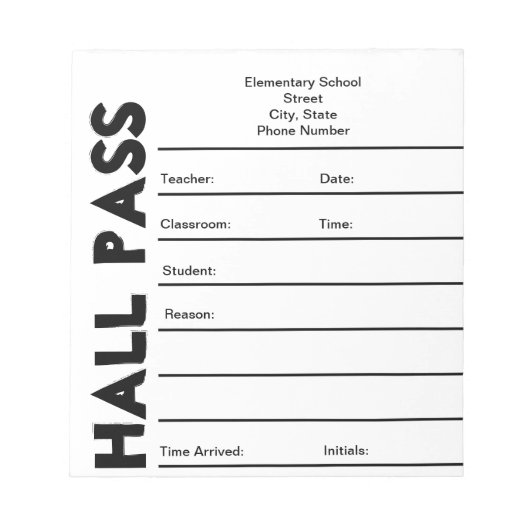 SchulHall Pass Notepad Notizblock (Vorderseite)