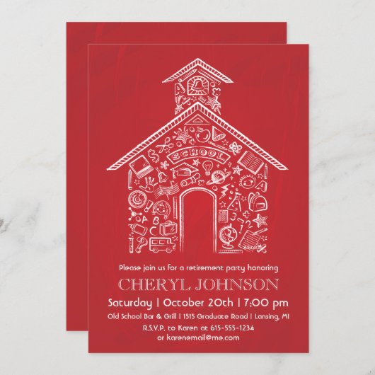 Schulhaus-Lehrer-Ruhestands-Einladung ROT Einladung (Vorne/Hinten)