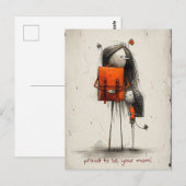 Schuljunge hält Händchen mit seiner Mutter und sei Postkarte (Vorne/Hinten)