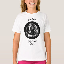 Schulkind 2025 - Pferd mit Blumen - schwarz weiß | T-Shirt
