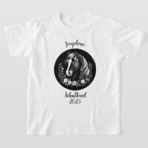 Schulkind 2025 - Pferd mit Blumen - schwarz weiß |