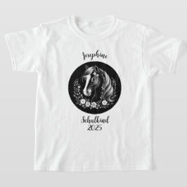 Schulkind 2025 - Pferd mit Blumen - schwarz weiß | T-Shirt
