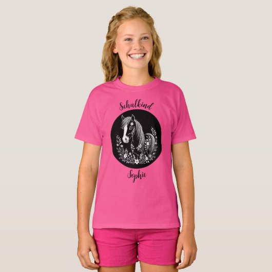 Schulkind - Pony mit Blumen - schwarz weiß | T-Shirt (Vorne ganz)
