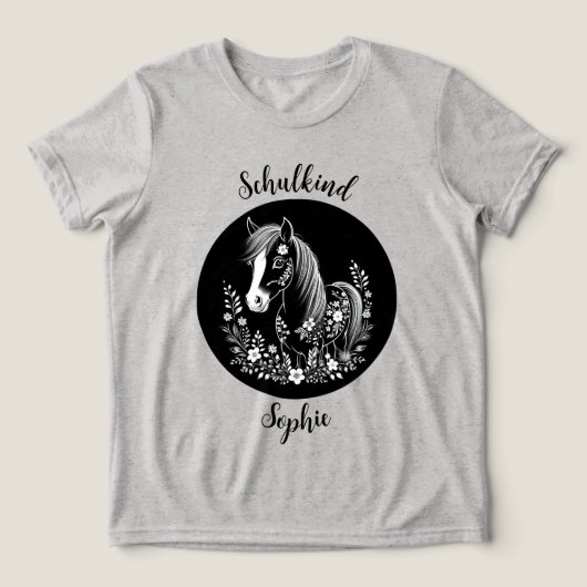 Schulkind - Pony mit Blumen - schwarz weiß | Tri-Blend Shirt (Design Vorderseite)