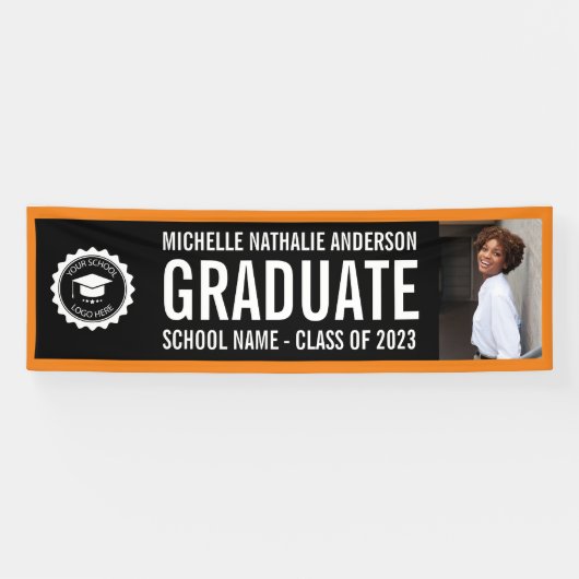 Schullogo Abschluss Foto Party Schwarzes Orange Banner (Horizontal)