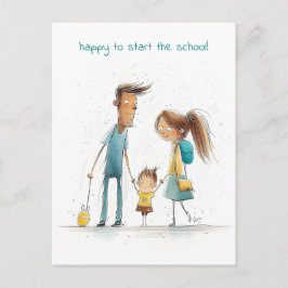 Schulmädchen mit Mutter und Vater Postkarte