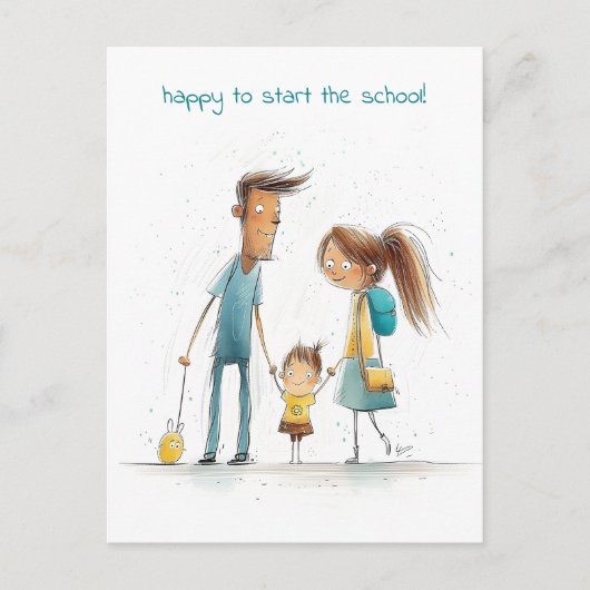 Schulmädchen mit Mutter und Vater Postkarte (Vorderseite)