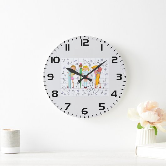 Schulmädchen mit Oversified School Stationery Große Wanduhr