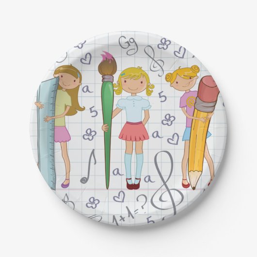 Schulmädchen mit Oversified School Stationery Pappteller (Vorderseite)
