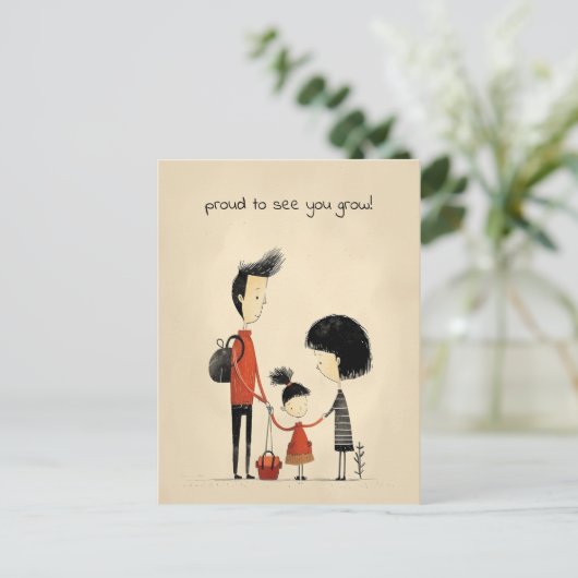 Schulmädchen, Mutter und Vater Postkarte (Stehend Vorderseite)