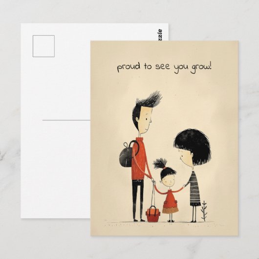 Schulmädchen, Mutter und Vater Postkarte (Vorne/Hinten)