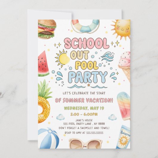 Schulschluss Poolparty Beginn der Sommerferien Einladung (Vorderseite)