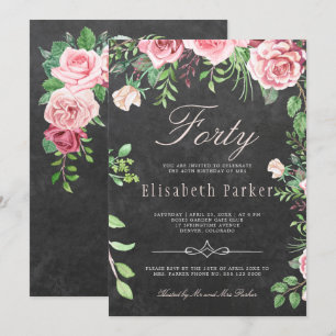 Schultafel Pink Floral Garten 40. Geburtstagsfeier Einladung